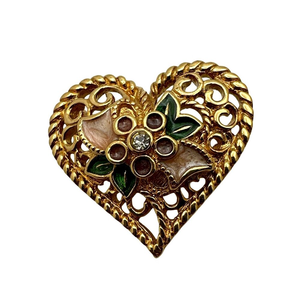 Sweet Filigree Heart Pin Pendant in one I Love You Message Avon Enamel Gold Tone